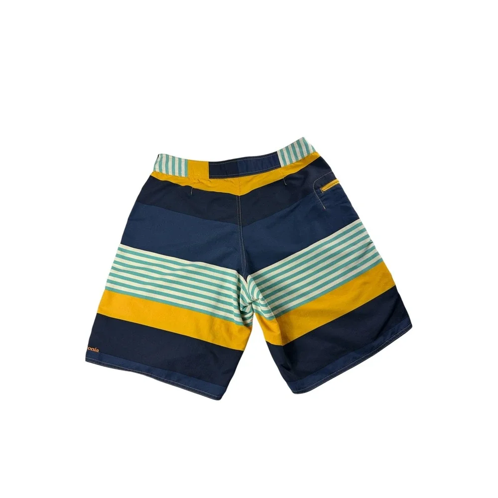 Patagonia Mens 34 Board Shorts Blue Yellow Striped Nylon Mesh Lined Swim Trunks